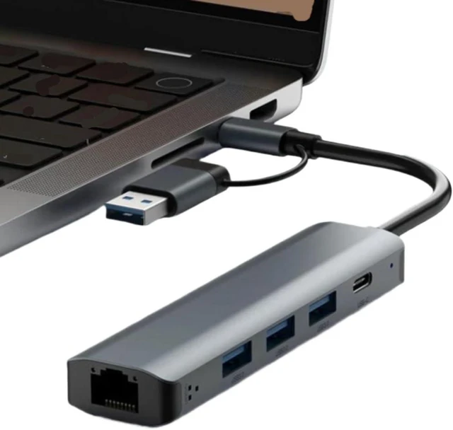 Alt view image 2 of 5 - USB-C Multiport Adapter Compatible with Pro Air USB 3.0 Data Transfer Gigabit Ethernet RJ45 1000Mbps