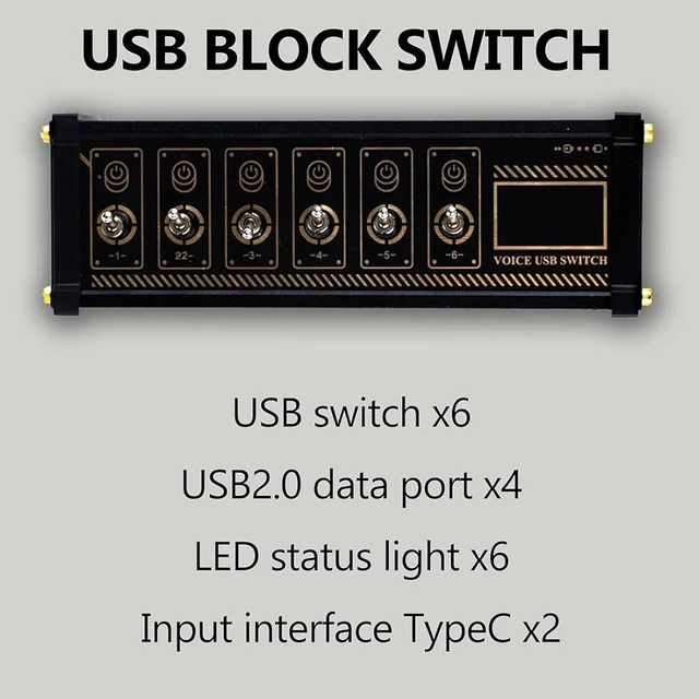 Alt view image 6 of 7 - U6 6 Port USB Docking Station, Portable 6 Port USB Switcher, 4 Data Ports, Metal Toggle Switch, 9 USB Convenient Input Ports, Voice Control Function, Data Transmission for Phones, Tablets