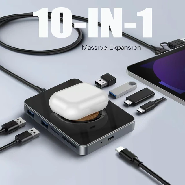 Alt view image 4 of 7 - Luocute 10 in 1 USB Hub with Magnetic Wireless Charger, Type C Docking Station, 3xUSB 2.0 2xUSB C 2.0 USB 3.0 SDHC Card Reader for Laptop and PC