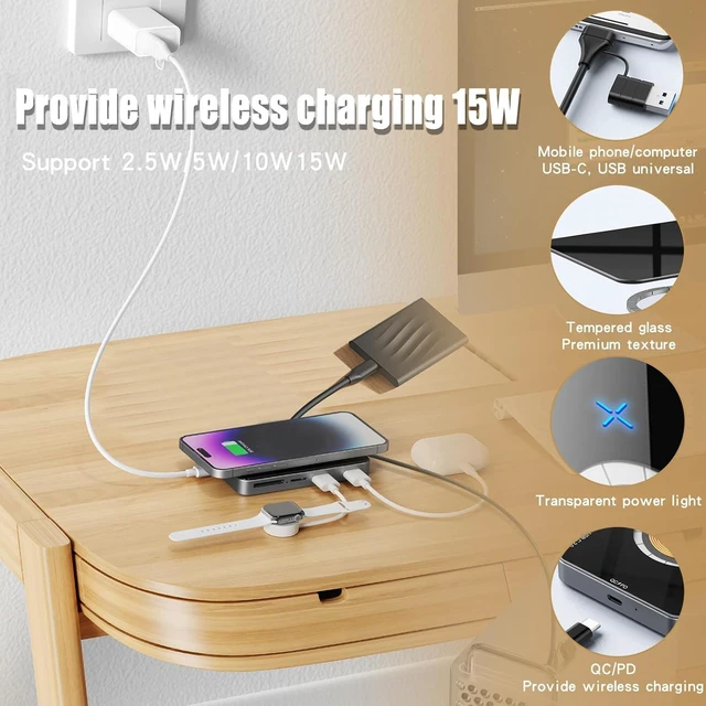 Alt view image 5 of 7 - Luocute 10 in 1 USB Hub with Magnetic Wireless Charger, Type C Docking Station, 3xUSB 2.0 2xUSB C 2.0 USB 3.0 SDHC Card Reader for Laptop and PC