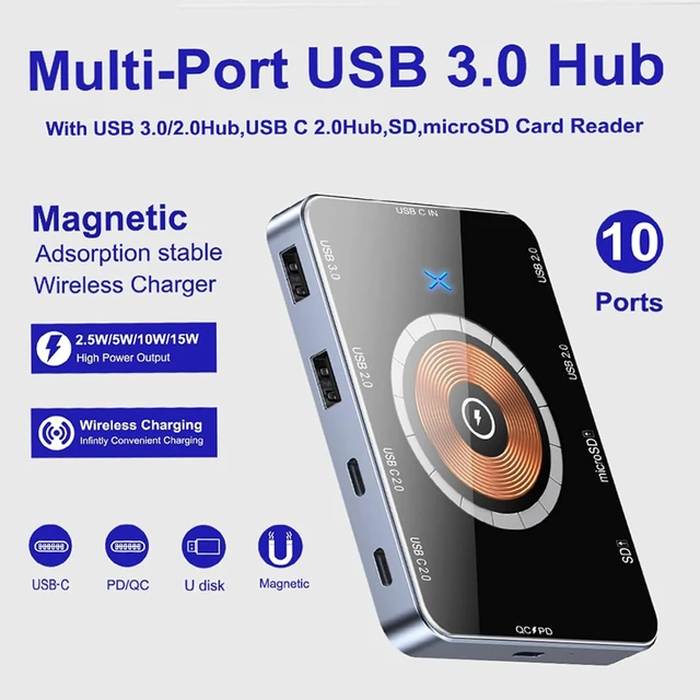Alt view image 3 of 7 - Luocute 10 in 1 USB Hub with Magnetic Wireless Charger, Type C Docking Station, 3xUSB 2.0 2xUSB C 2.0 USB 3.0 SDHC Card Reader for Laptop and PC