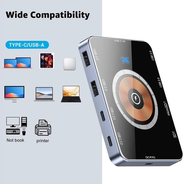 Alt view image 7 of 7 - Luocute 10 in 1 USB Hub with Magnetic Wireless Charger, Type C Docking Station, 3xUSB 2.0 2xUSB C 2.0 USB 3.0 SDHC Card Reader for Laptop and PC