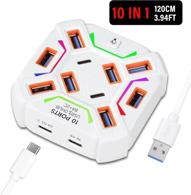 Alt view image 2 of 3 - USB 3.0 Hub 10-Port with 3.9ft Long Cable, Multi-Port USB Splitter for Laptop with Lights, 8 USB A & 2 USB C Extender for Laptop/Desktop/PC/Car/Xbox/PS5/Flash Drive/HDD, White