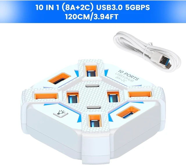 Alt view image 3 of 3 - USB 3.0 Hub 10-Port with 3.9ft Long Cable, Multi-Port USB Splitter for Laptop with Lights, 8 USB A & 2 USB C Extender for Laptop/Desktop/PC/Car/Xbox/PS5/Flash Drive/HDD, White