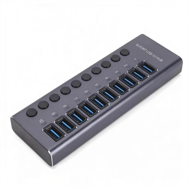 Main image of Pomya USB 3.0 Hub 10 Ports, Individual Switch USB Splitter Hub with 60W Power Adapter, Data Transfer for Laptop Desktop PC Game Console (US Plug)