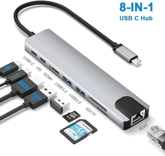 Alt view image 2 of 5 - C Hub Type C 3.1 to 4K Adapter with RJ45 Ethernet SD/TF Card Reader PD Thunderbolt 3 for Air(8 in 1)
