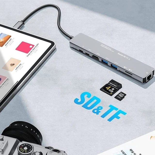 Alt view image 3 of 5 - C Hub Type C 3.1 to 4K Adapter with RJ45 Ethernet SD/TF Card Reader PD Thunderbolt 3 for Air(8 in 1)