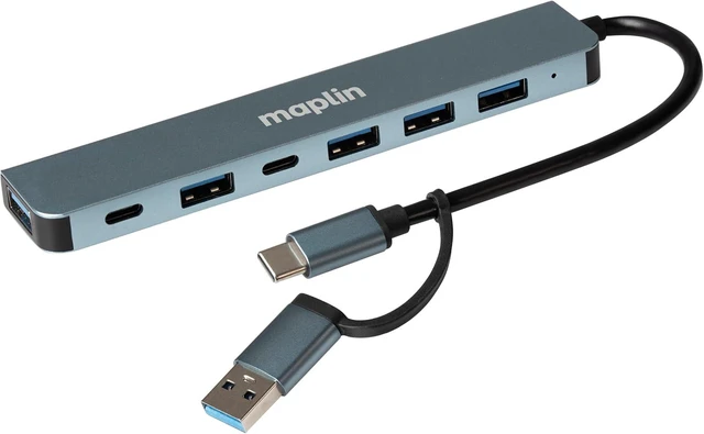 Alt view image 2 of 6 - Maplin Multiport Hub - 7 Port Adapter with 4X USB-A 2.0, 1x USB-A 3.0 (5Gbps), 2X USB-C Dual Input, 13cm Cable, Plug & Play, Compatible with Windows, Mac, Linux, Chrome OS