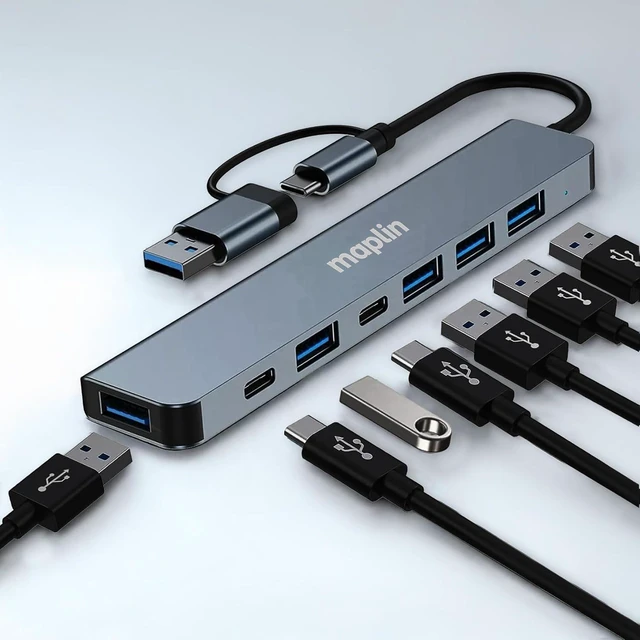 Alt view image 4 of 6 - Maplin Multiport Hub - 7 Port Adapter with 4X USB-A 2.0, 1x USB-A 3.0 (5Gbps), 2X USB-C Dual Input, 13cm Cable, Plug & Play, Compatible with Windows, Mac, Linux, Chrome OS