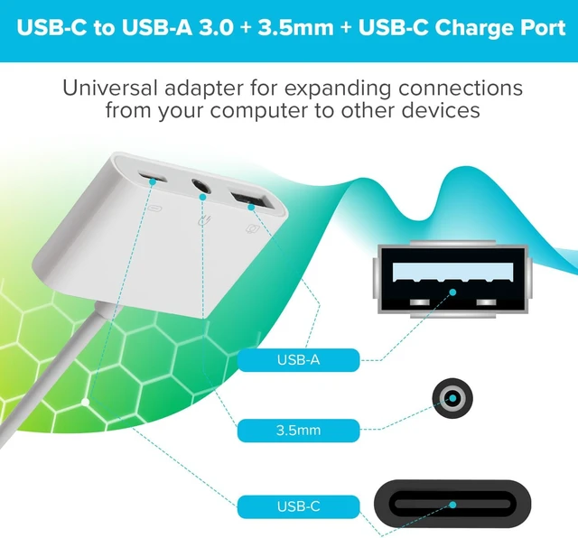 Alt view image 4 of 5 - Maplin Multiport Hub, USB-C to USB-A 3.0, 3.5mm Audio Jack & USB-C Charging Port for MacBook, Dell XPS, Lenovo ThinkPad, Surface & More