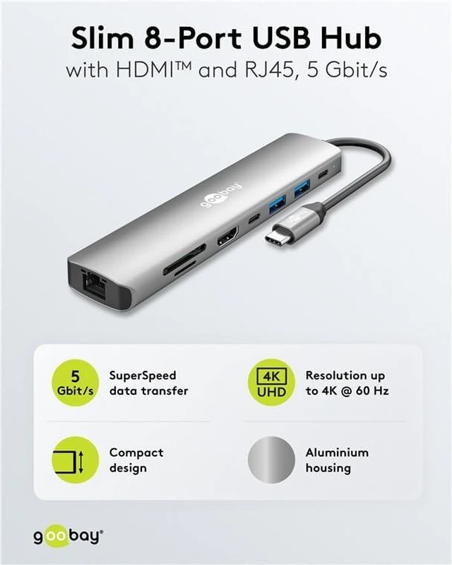 Alt view image 2 of 3 - goobay USB-C Slim Hub 8-in-1 Docking Station with USB-C, 5Gbps, HDMI 4K 60Hz, RJ45-1Gbps, 2x USB-A, SD and MicroSD Card Readers - for MacBook Pro M4, Windows Laptops, Tablets and Smartphones-79146