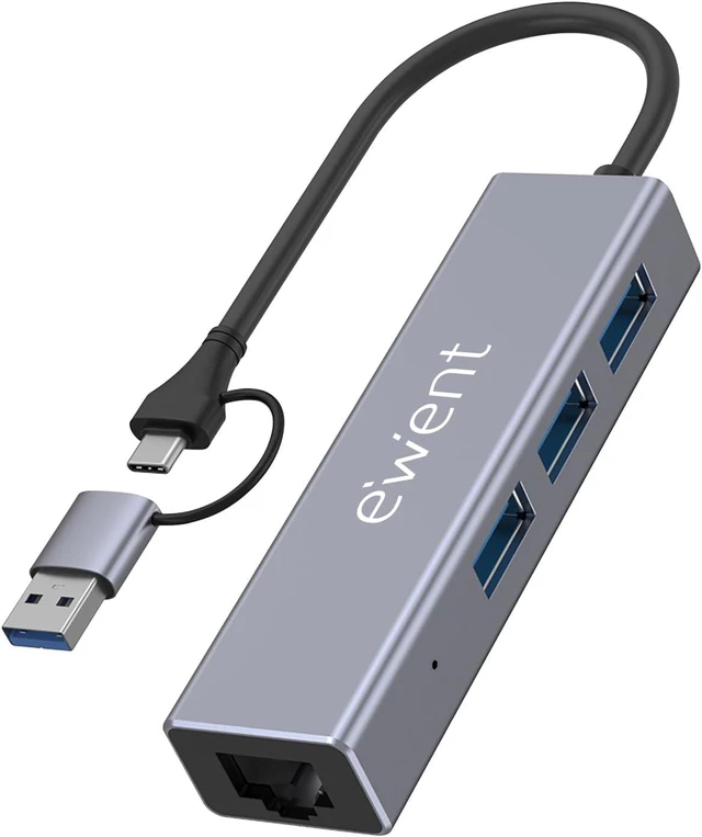 Main image of Ewent 4-in-1 USB Hub with Dual USB-C/USB-A Connector, USB 3.2 Gen 1 Adapter with 3 USB-A Ports and Gigabit Ethernet, 5 Gbps + Wired LAN for Laptop, PC & MacBook (15 cm)