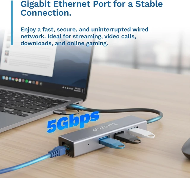 Alt view image 4 of 7 - Ewent 4-in-1 USB Hub with Dual USB-C/USB-A Connector, USB 3.2 Gen 1 Adapter with 3 USB-A Ports and Gigabit Ethernet, 5 Gbps + Wired LAN for Laptop, PC & MacBook (15 cm)