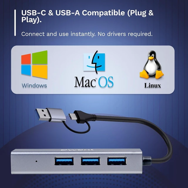 Alt view image 5 of 7 - Ewent 4-in-1 USB Hub with Dual USB-C/USB-A Connector, USB 3.2 Gen 1 Adapter with 3 USB-A Ports and Gigabit Ethernet, 5 Gbps + Wired LAN for Laptop, PC & MacBook (15 cm)