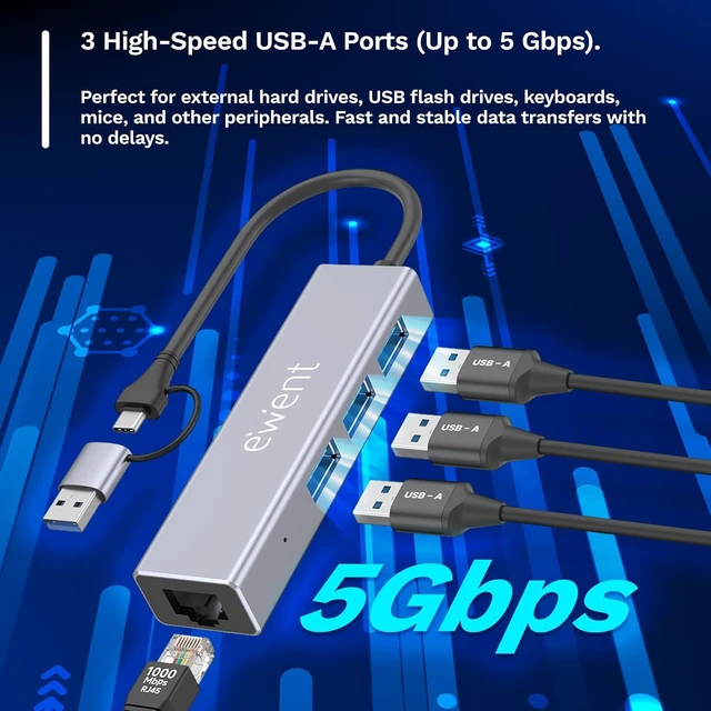 Alt view image 3 of 7 - Ewent 4-in-1 USB Hub with Dual USB-C/USB-A Connector, USB 3.2 Gen 1 Adapter with 3 USB-A Ports and Gigabit Ethernet, 5 Gbps + Wired LAN for Laptop, PC & MacBook (15 cm)