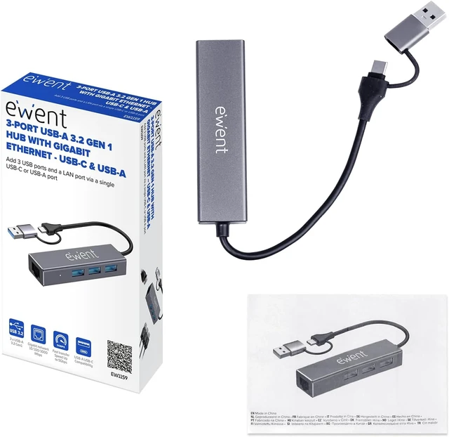 Alt view image 7 of 7 - Ewent 4-in-1 USB Hub with Dual USB-C/USB-A Connector, USB 3.2 Gen 1 Adapter with 3 USB-A Ports and Gigabit Ethernet, 5 Gbps + Wired LAN for Laptop, PC & MacBook (15 cm)