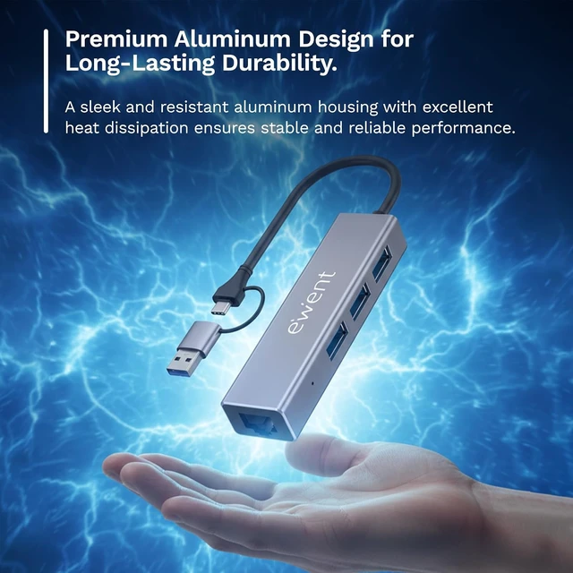 Alt view image 6 of 7 - Ewent 4-in-1 USB Hub with Dual USB-C/USB-A Connector, USB 3.2 Gen 1 Adapter with 3 USB-A Ports and Gigabit Ethernet, 5 Gbps + Wired LAN for Laptop, PC & MacBook (15 cm)