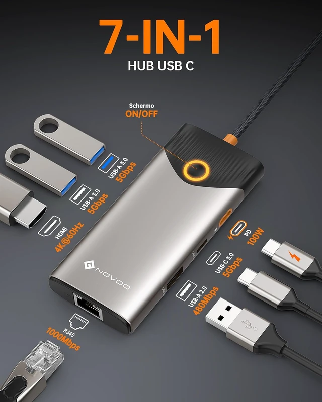 Alt view image 2 of 7 - NOVOO USB C Hub, 7-in-1 Dock with HDMI 4K@60Hz, 1Gbps Ethernet, 100W PD Charging, USB-A/C Ports 5Gbps Docking Station Compatible for MacBook, iPad, iPhone, Dell, HP, Surface