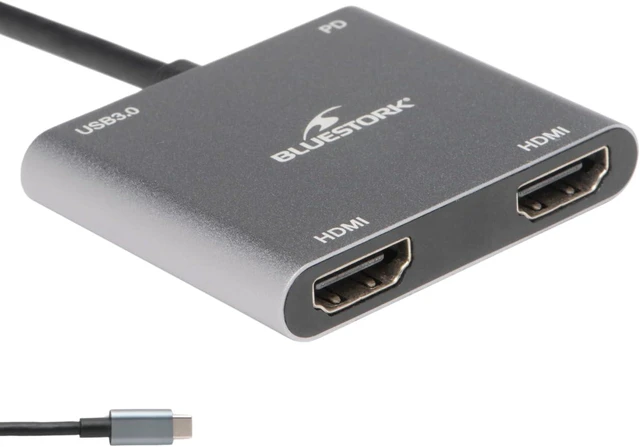 Main image of Bluestork - USB C Hub, 4 in 1 with 100W Power Delivery Charge - USB C to HDMI adapter - Connection 2 displays simultaneously via Dual HDMI - 1x USB 3.0-1x USB C Dock - Windows & Mac 2024