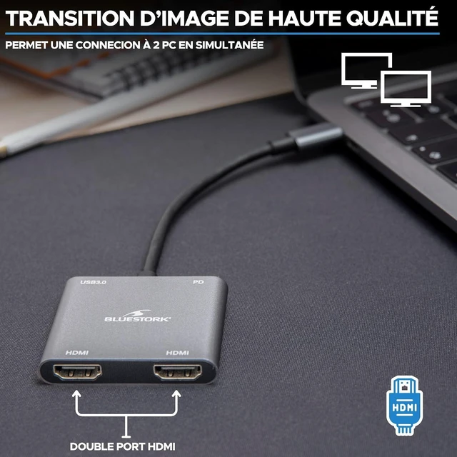 Alt view image 2 of 6 - Bluestork - USB C Hub, 4 in 1 with 100W Power Delivery Charge - USB C to HDMI adapter - Connection 2 displays simultaneously via Dual HDMI - 1x USB 3.0-1x USB C Dock - Windows & Mac 2024