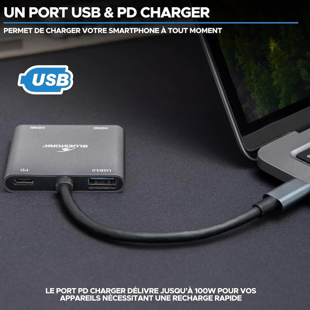 Alt view image 3 of 6 - Bluestork - USB C Hub, 4 in 1 with 100W Power Delivery Charge - USB C to HDMI adapter - Connection 2 displays simultaneously via Dual HDMI - 1x USB 3.0-1x USB C Dock - Windows & Mac 2024