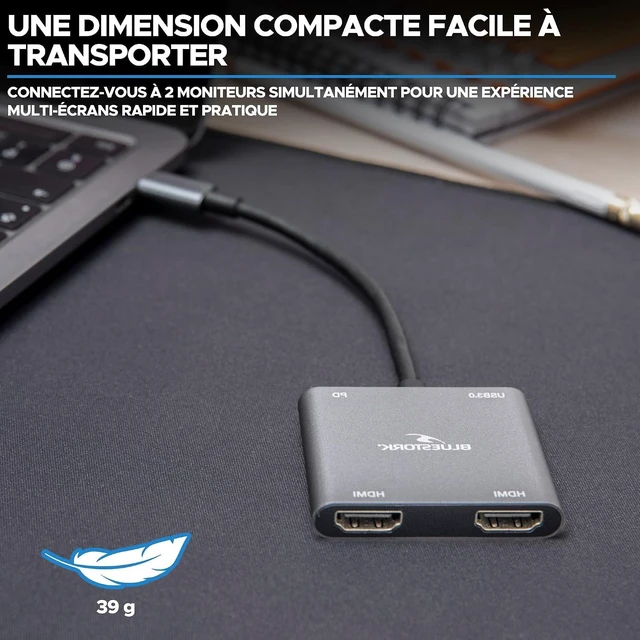 Alt view image 6 of 6 - Bluestork - USB C Hub, 4 in 1 with 100W Power Delivery Charge - USB C to HDMI adapter - Connection 2 displays simultaneously via Dual HDMI - 1x USB 3.0-1x USB C Dock - Windows & Mac 2024