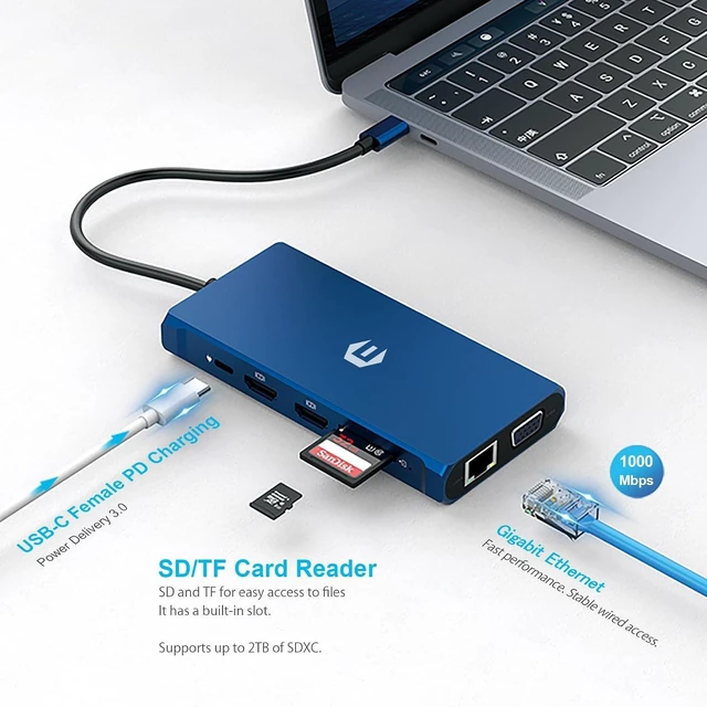 Alt view image 4 of 7 - USB C Hub, USB C 3.0, 4 USB A, 12-in-1 USB C Splitter for Dell/HP/Lenovo/Mac Book Pro, Triple Screen USB Extension with 2 x 4K HDMI, Ethernet, 100W PD