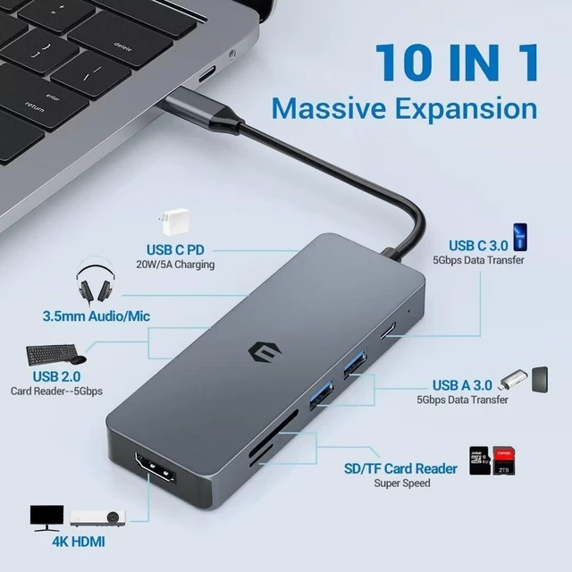 Alt view image 7 of 7 - USB C Hub, USB C Hub LAN with 4K HDMI Output, USB 3.0, TF Card Reader, PD 100W, 10 in 1 USB C Multiport for Surface, Dell, HP, Lenovo, XPS and More Type C Devices
