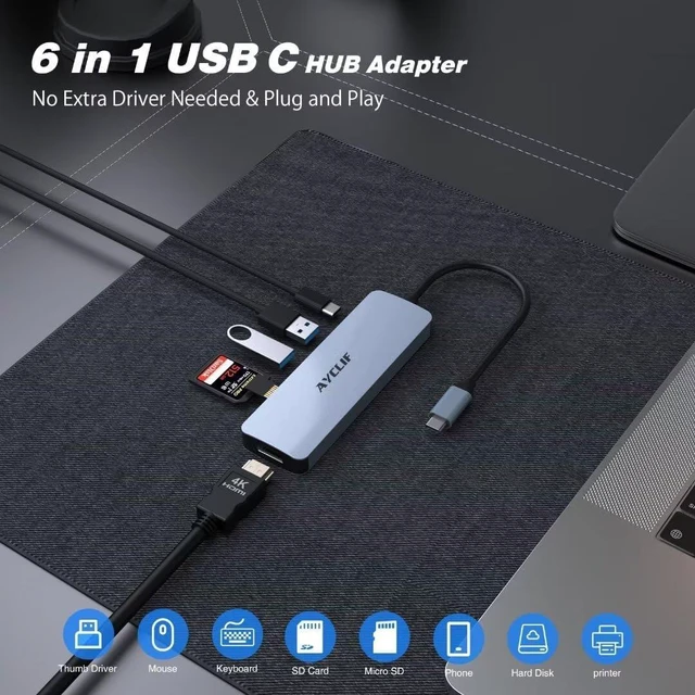 Alt view image 7 of 7 - Hub USB C, 6 in 1 USB C Avec Affichage 4K HDMI, USB 3.0, PD 100 W, répartiteur USB C Avec MacBook Pro/Air, Chromebook, Thinkpad, Ordinateur Portable et Plus d'appareils de Type C