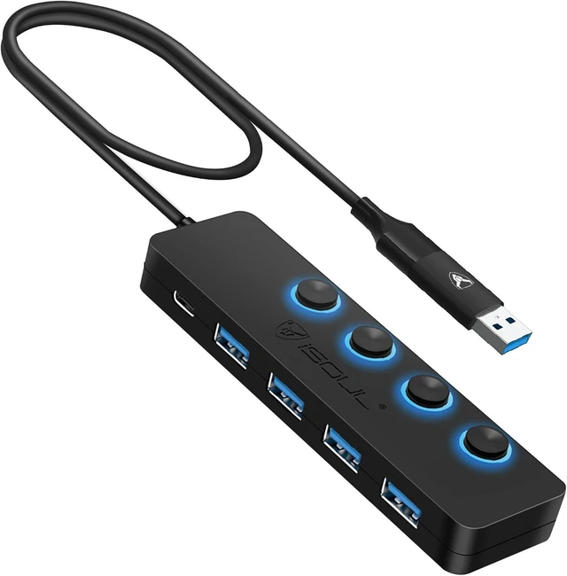 Main image of iSOUL 2-in-1 4-Port Slim USB 3.0 Powered USB-C Hub with LED Switches