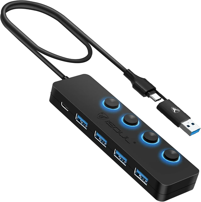 Alt view image 2 of 7 - iSOUL 2-in-1 4-Port Slim USB 3.0 Powered USB-C Hub with LED Switches