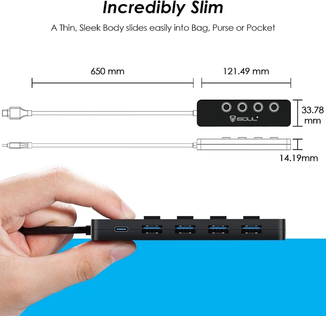 Alt view image 3 of 7 - iSOUL 2-in-1 4-Port Slim USB 3.0 Powered USB-C Hub with LED Switches