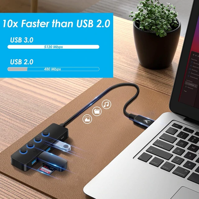 Alt view image 7 of 7 - iSOUL 2-in-1 4-Port Slim USB 3.0 Powered USB-C Hub with LED Switches