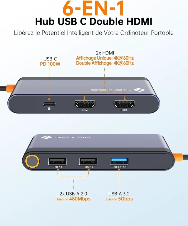 Alt view image 2 of 7 - NOVOO USB C Hub Triple Display 6 in 1 to Dual HDMI, Dual Monitor USB C Docking Stations, 100W PD, 3 x USB, USB-C Dock for Dell, HP, Lenovo, ASUS, Microsoft