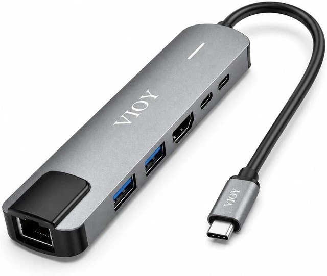 Main image of VIOY 6-in-1 USB-C Hub for Laptops Gigabit Ethernet, 2X USB-A Data Ports, 2X USB-C Charging Ports, HDMI 4K Output, Compact & Portable Multiport Adapter