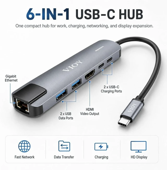 Alt view image 2 of 7 - VIOY 6-in-1 USB-C Hub for Laptops Gigabit Ethernet, 2X USB-A Data Ports, 2X USB-C Charging Ports, HDMI 4K Output, Compact & Portable Multiport Adapter
