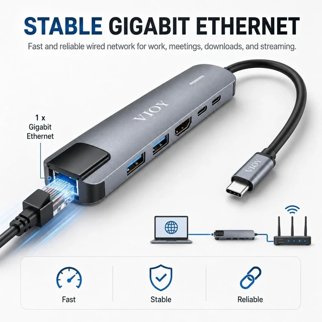 Alt view image 3 of 7 - VIOY 6-in-1 USB-C Hub for Laptops Gigabit Ethernet, 2X USB-A Data Ports, 2X USB-C Charging Ports, HDMI 4K Output, Compact & Portable Multiport Adapter