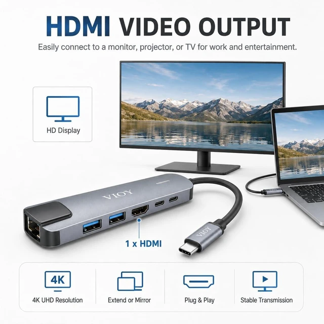 Alt view image 6 of 7 - VIOY 6-in-1 USB-C Hub for Laptops Gigabit Ethernet, 2X USB-A Data Ports, 2X USB-C Charging Ports, HDMI 4K Output, Compact & Portable Multiport Adapter