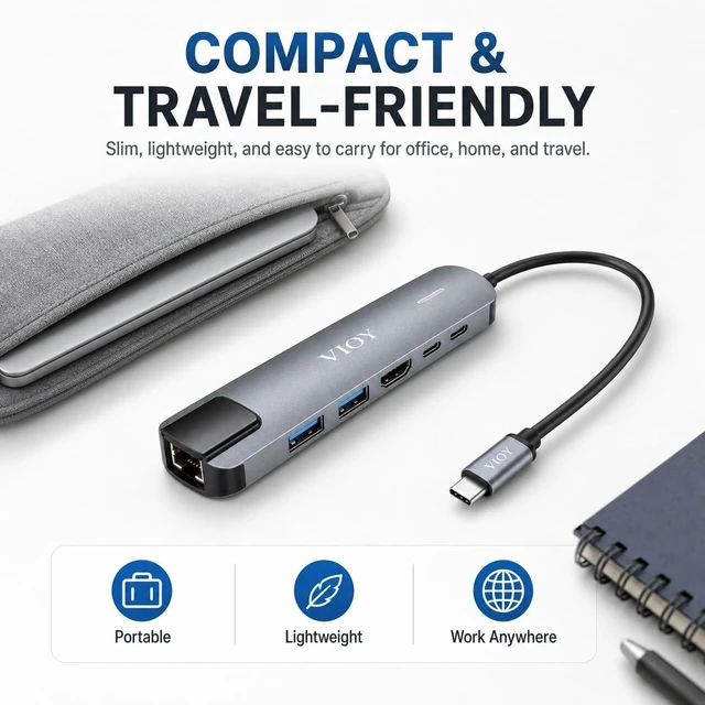 Alt view image 7 of 7 - VIOY 6-in-1 USB-C Hub for Laptops Gigabit Ethernet, 2X USB-A Data Ports, 2X USB-C Charging Ports, HDMI 4K Output, Compact & Portable Multiport Adapter
