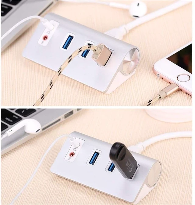 Alt view image 7 of 7 - USB C Hub USB 3.0 Hub Powered 3-Port USB 3.0 Extension Splitter Aluminum Data Hub with Double Independent External Audio Port