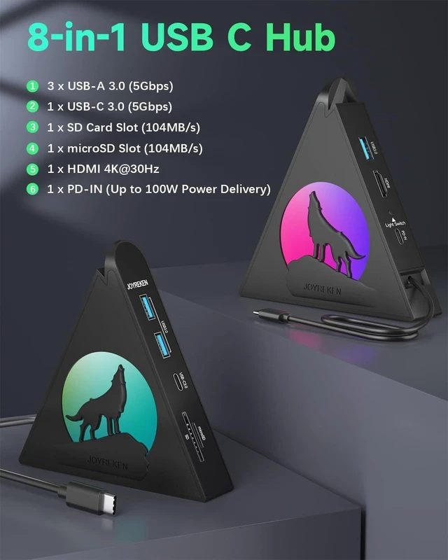 Alt view image 2 of 7 - Vertical USB C Hub Multiport Adapter, 8-in-1 Wolf USBC Hub with 4K 30Hz HDMI, PD 100W, 5Gbps 3 USB-A Data Ports, USB-C3.0, SD/TF Card Reader, RGB Docking for MacBook Pro, Mac mini, Dell