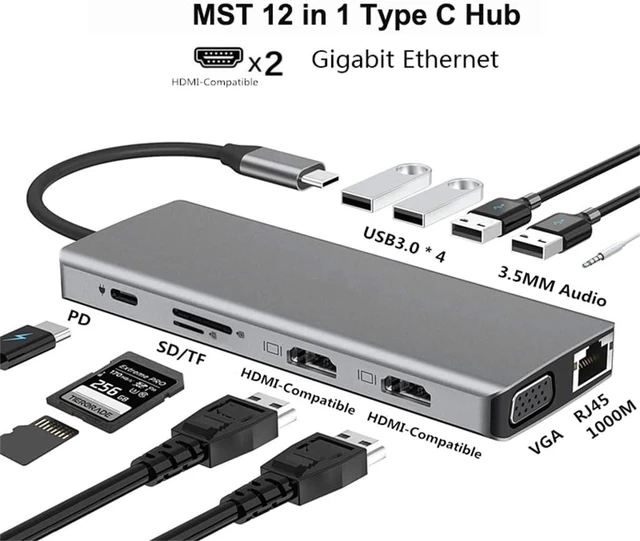Alt view image 2 of 5 - 12 in 1 C HUB Type Adapter to 4K VGA RJ45 LAN Ethernet SD/TF Hub 3.5MM AUX Port