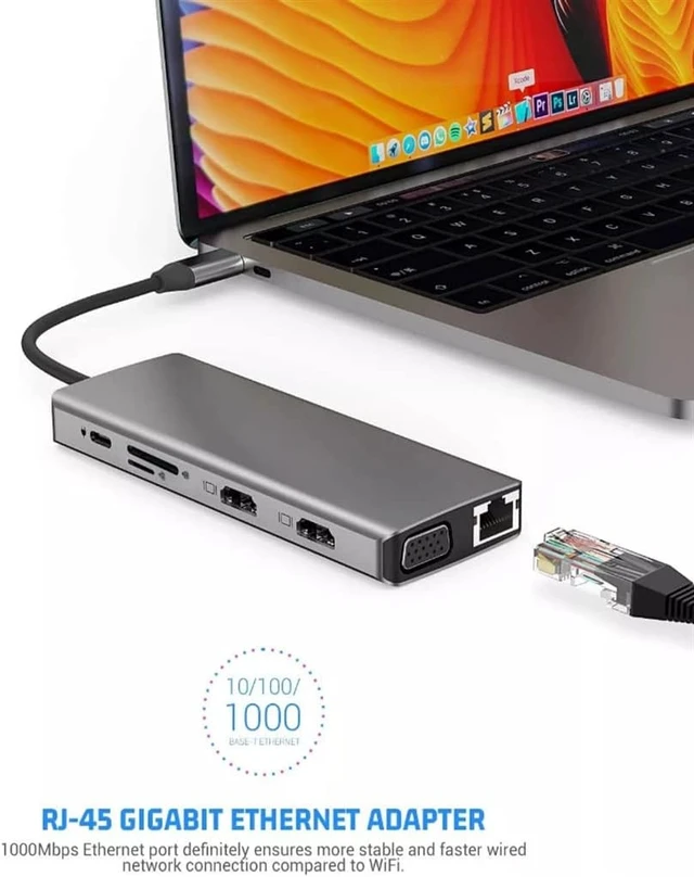 Alt view image 3 of 5 - 12 in 1 C HUB Type Adapter to 4K VGA RJ45 LAN Ethernet SD/TF Hub 3.5MM AUX Port