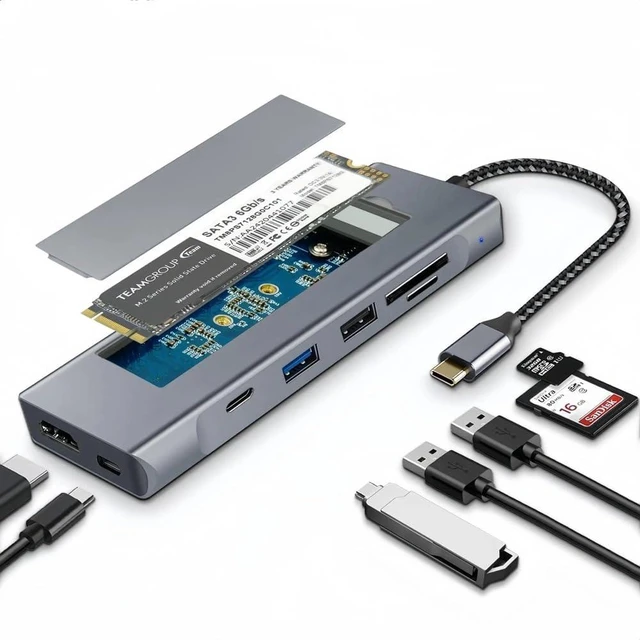 Main image of 8-in-1 USB C Hub with M.2 NVMe/SATA SSD Enclosure, 4K HDMI Adapter, 100W PD Charging, USB C 3.1 & USB 3.0 Ports, SD/TF Card Reader, Compatible with Laptop & Tablet