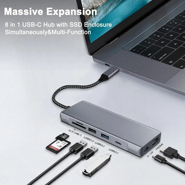 Alt view image 7 of 7 - 8-in-1 USB C Hub with M.2 NVMe/SATA SSD Enclosure, 4K HDMI Adapter, 100W PD Charging, USB C 3.1 & USB 3.0 Ports, SD/TF Card Reader, Compatible with Laptop & Tablet