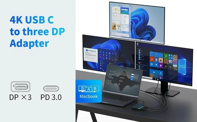 Alt view image 5 of 7 - USB C to Triple DP Converter, 4K 60Hz Type C to DisplayPort Adapter with Screen on/Off and PD 100W Extend to 3 Monitors, Multi-Monitor MST Hub for MacBook Pro/Air, Mac mini, Surface, Dell (4 in 1)