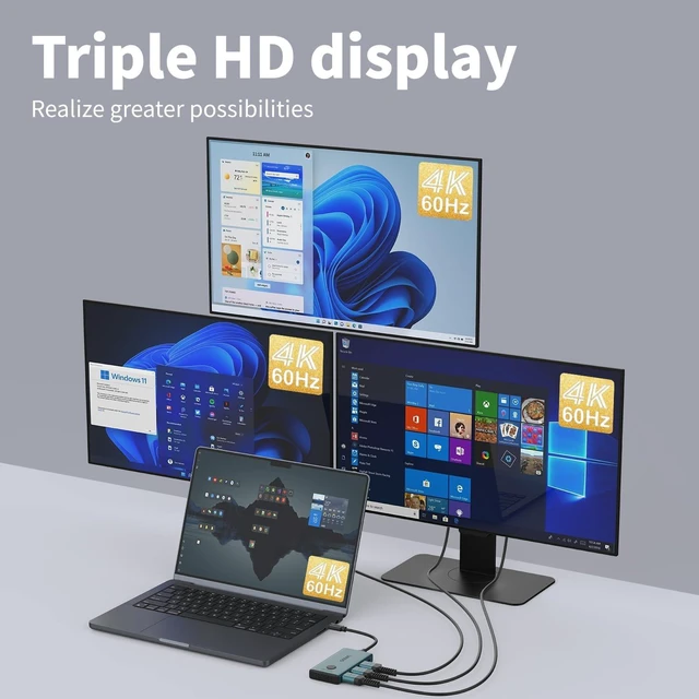Alt view image 2 of 7 - USB C to Triple DP Converter, 4K 60Hz Type C to DisplayPort Adapter with Screen on/Off and PD 100W Extend to 3 Monitors, Multi-Monitor MST Hub for MacBook Pro/Air, Mac mini, Surface, Dell (4 in 1)
