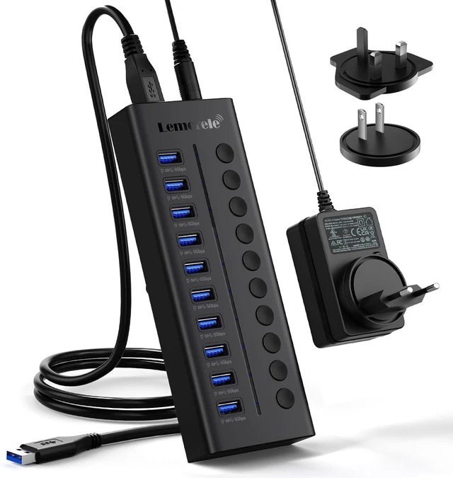 Main image of Lemorele 10 Port USB 3.0 Powered Hub, 10x USB-A 5Gbps Data Ports