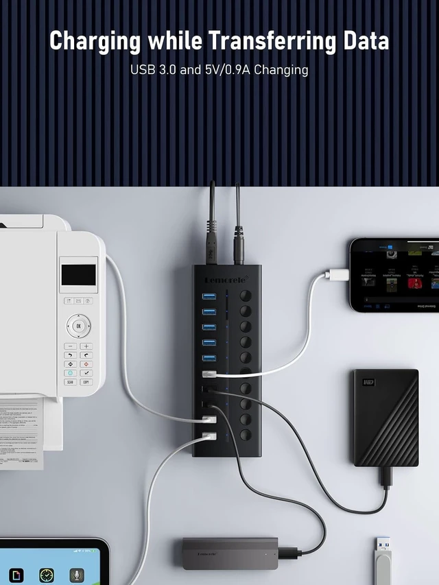 Alt view image 4 of 7 - Lemorele 10 Port USB 3.0 Powered Hub, 10x USB-A 5Gbps Data Ports