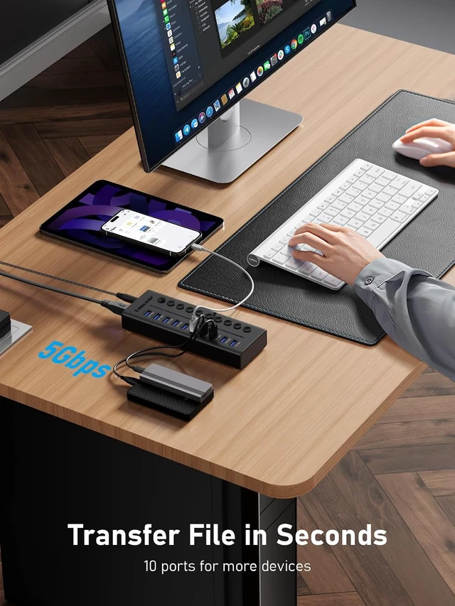Alt view image 2 of 7 - Lemorele 10 Port USB 3.0 Powered Hub, 10x USB-A 5Gbps Data Ports